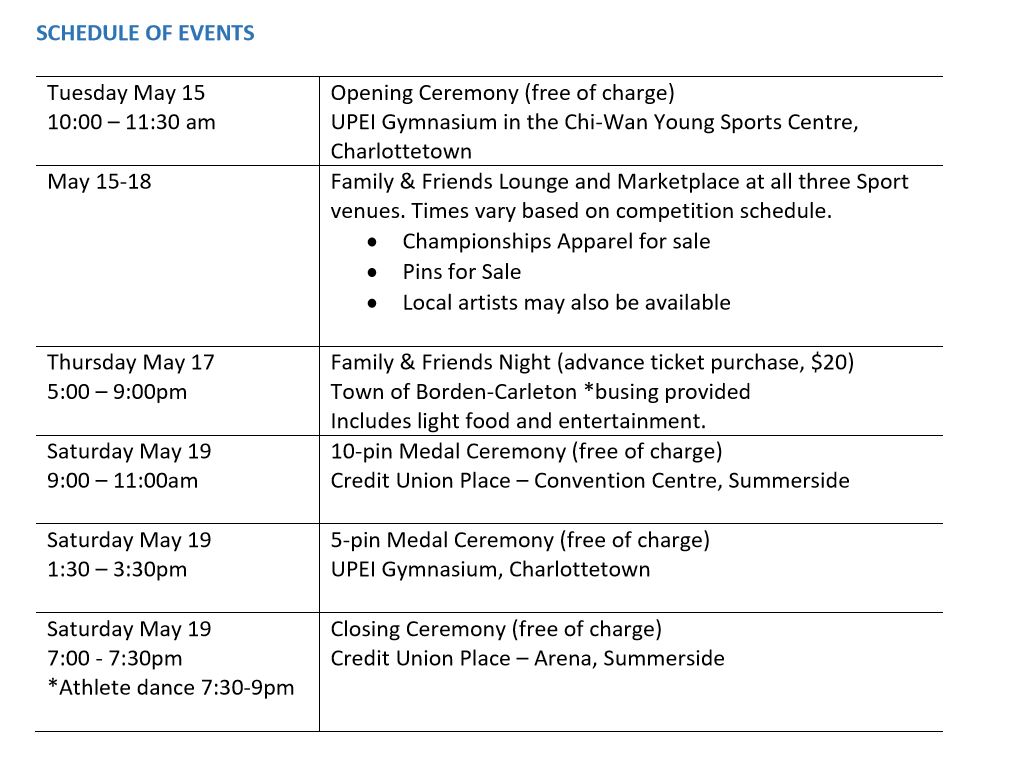 General Schedule Special Olympics Canada